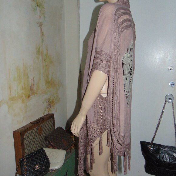 Miracle Women's Knit Open Cardigan size S/M mauve boho crochet fringe cotton USA - Picture 12 of 13